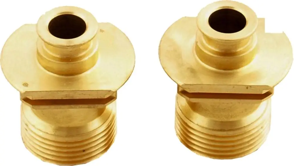Zwei schraubbare Anschlüsse aus Messing für hydraulische Anwendungen, gefertigt von Wolf, mit einem gewellten Ende zur Befestigung.